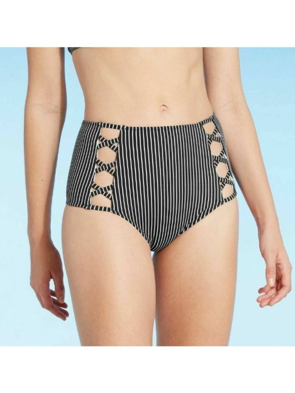 Shade & Shore Womens Bikini Bottom High Waist Black & White Stripe Size XL